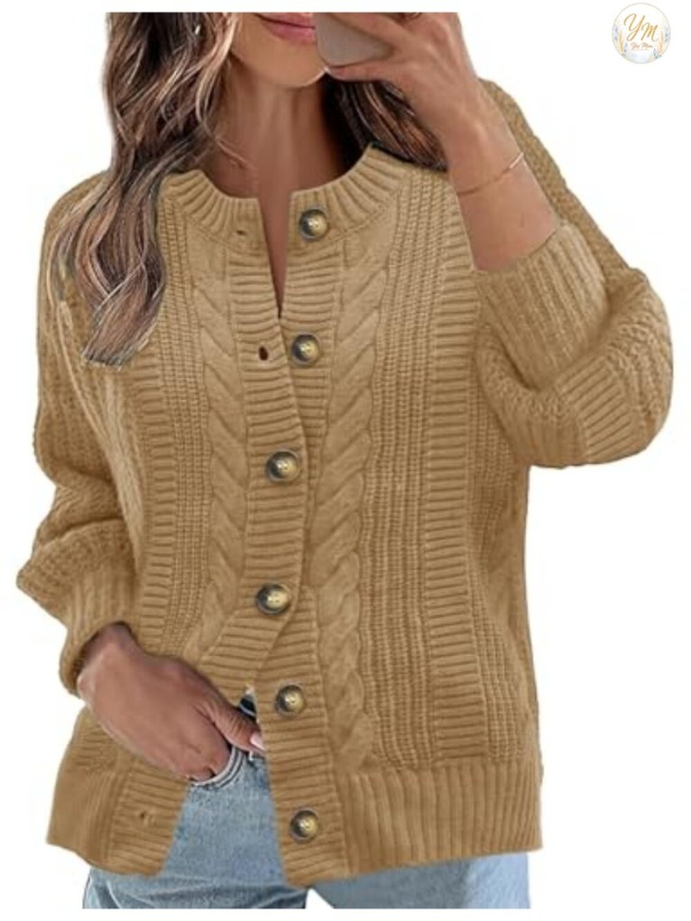 Women's Cable Knit Open Front Cardigan Button Balloon Sleeve Sweater